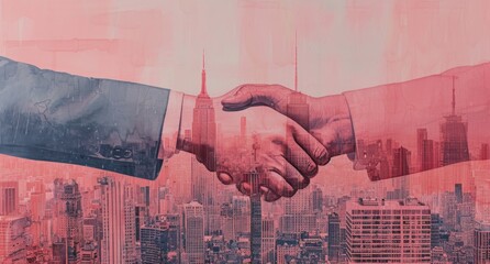 A powerful composite image showcasing a handshake merge over a bustling urban skyline, symbolizing business agreements and partnership