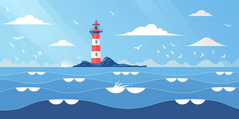 Blue sea background with waves and lighthouse. Flat style Illustration.