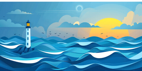 Blue sea background with waves and lighthouse. Flat style Illustration.