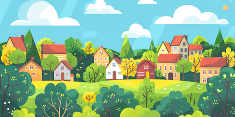 Color flat illustration of village landscape.