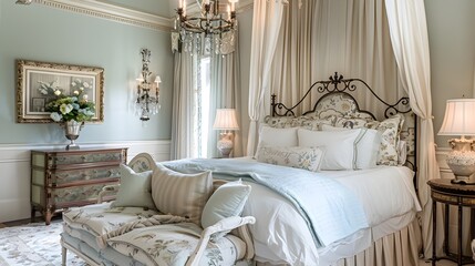 A Tranquil Springtime Haven: Canopied Sleigh Bed Sanctuary in Delicate Pastels