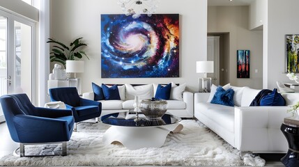 Airy Living Room Adorned with Abstract Swirling Galaxies Art and Navy Accent Chairs