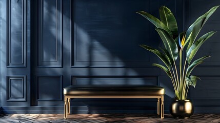 Art Deco Inspired Interior Oozing Luxury and Comfort with Metallic Bench and Exotic Bird of Paradise Plant