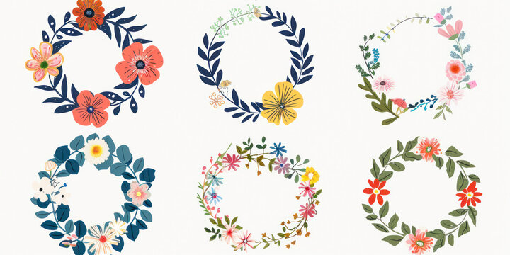 Floral Frame Collection. Set of cute retro hand drawn flowers arranged un a shape of the wreath.