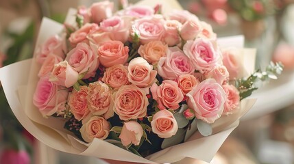 Luxury bouquet made of coral English roses in flower shop Valentines Bouquet of pastel roses, generative ai,