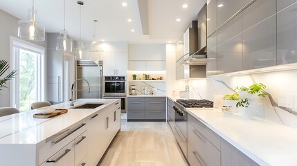 Modern style kitchen with slab door cabinets in a minimalist white and gray color palette
