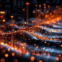 Fototapeta premium Technological Background: Lights, Beams, Code, Line Charts, and More