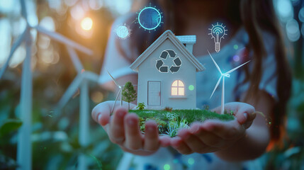 close up hand of a children girl hold a mini white house ,solar panel, turbine and other. Concept green energy. Generative Ai Illustration.