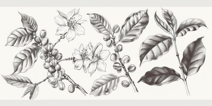 Set of coffee tree branches with flower, leaves and beans. Botanical drawing, sketch.