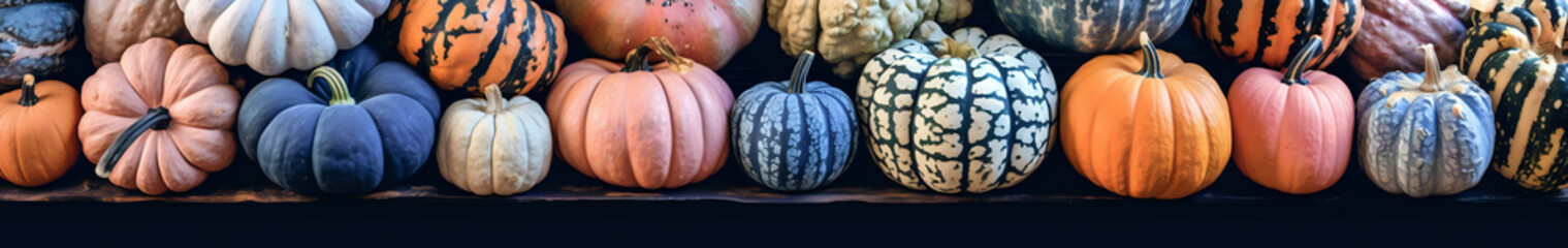 An expansive display of ornamental pumpkins in a variety of patterns and hues, creating a panoramic view that captures the essence of autumn's diversity. A perfect choice for seasonal marketing, culin - obrazy, fototapety, plakaty