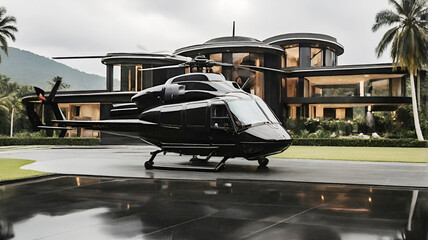 A black helicopter stands on the runway near the private house of a billionaire