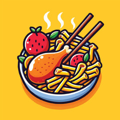 pasta and chicken leg with chopstick cartoon vector icon illustration food object icon concept isolated yellow background