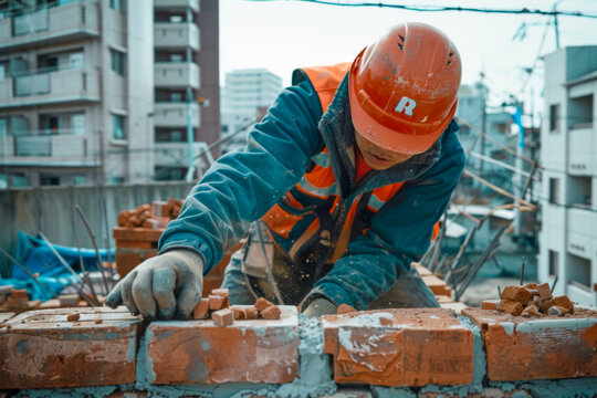 Construction worker laying bricks on a construction site. 
