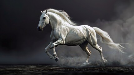 Obraz na płótnie Canvas A graceful white horse strong clearly muscular on a black abstract background, high detailed.