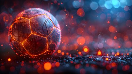 Futuristic Game Time: Glowing Soccer Ball Illuminated with Neon Lights and High-Tech Energy - obrazy, fototapety, plakaty