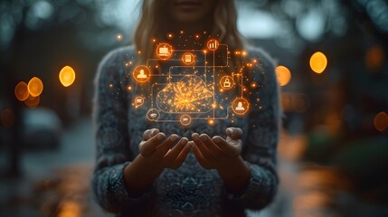 Person Holding Invisible Interface with Glowing Technological Connections and Earth Representation. Conceptual Image of Digital Innovation and Cyber Networks.
