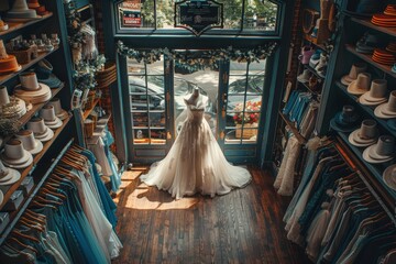 A stunning wedding dress displayed in a quaint hat shop with an old-world charm and vintage ambiance
