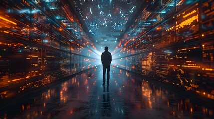 Lone Figure Contemplating Data Immersion in a Futuristic Server Room with Illuminated Network Equipment. High-Speed Data Processing Concept.