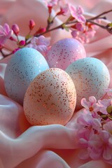 Festive Easter Celebration Concept with Pastel-Colored Eggs Adorned with Glitter, Surrounded by Cherry Blossoms. Springtime Holiday Aesthetics.