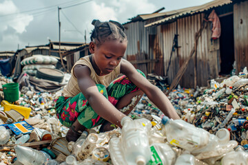 Young african girl collects garbage in the trash.
