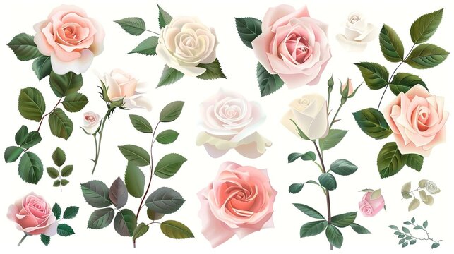 Roses. Wedding collection of floral arrangements of pink and cream roses, green leaves. Seamless patterns, bouquet, flowers, branches, floral set., generative ai