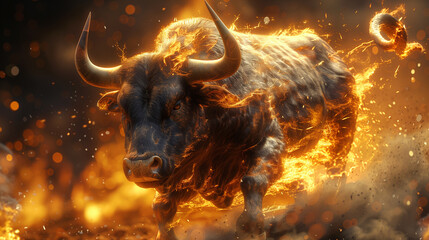Bull running on fire. Business bull market concept.