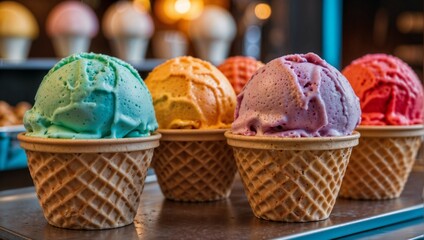 Balls of bright multi-colored ice cream in conical waffle cups are sold at the cafe counter. Festive cozy atmosphere. Light photo, bright saturated colors. International Creative Ice Cream Day.