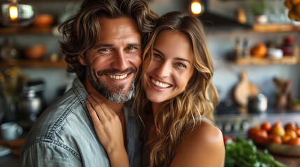 woman selfie phone man couple camera mobile phone portrait smartphone happy young romance together love photo picture kitchen food dinner lunch vegetables relationship boyfriend girlfriend. - obrazy, fototapety, plakaty
