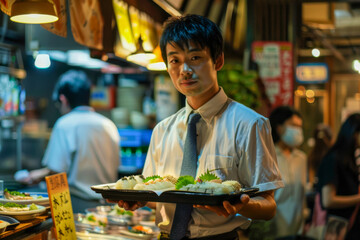 Japanese restaurant waiter serving sushi rolls to customers at night in Tokyo, Japan
