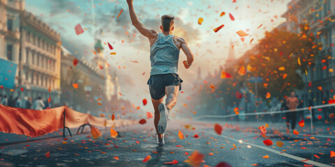 A dynamic and vibrant image capturing the triumphant moment of a marathon runner enjoying victory amidst a flurry of confetti on a city street