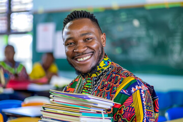 Portrait of happy african american man holding stack of books in classroom