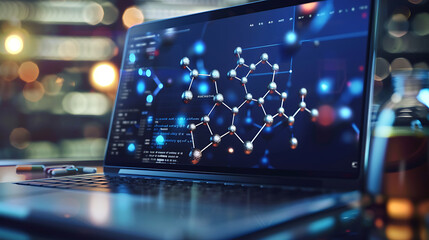 Advancements in pharmaceutical drug development depicted using a molecular model on a laptop.