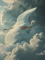 A graceful seabird with a white feathered body and a long beak is soaring through the fluffy cumulus clouds in the sky, resembling a painting in motion - obrazy, fototapety, plakaty