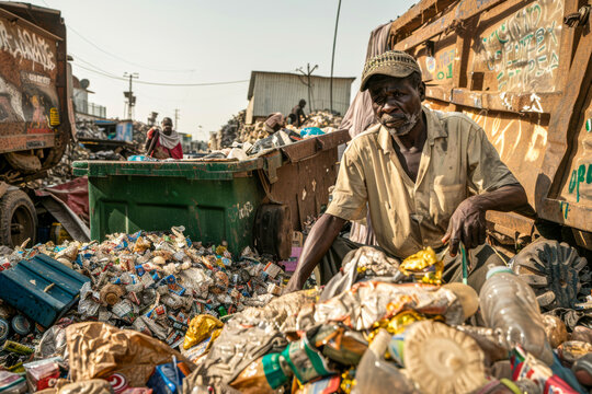 man sorting garbage in the trash dump.