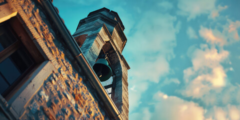 Old Retro Bell Tower Against Blue Sky background with copy space. Orthodox bell tower of a traditional church with cross on top. Bell ringing, the work of the bell ringer. - obrazy, fototapety, plakaty