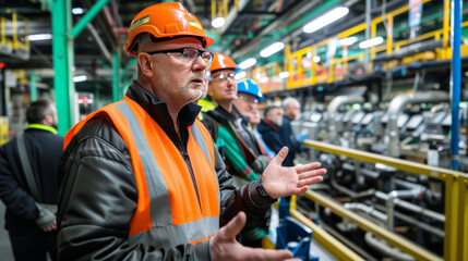 Plant manager in orange safety vest talking and gesturing in an industrial factory setting with machinery.