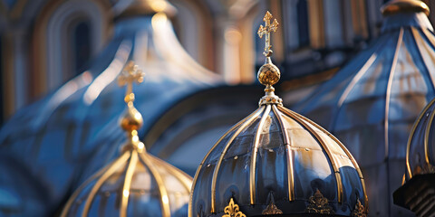 Big Domes with cross of Orthodox Church. Metal Dome of Orthodox Church top. - obrazy, fototapety, plakaty