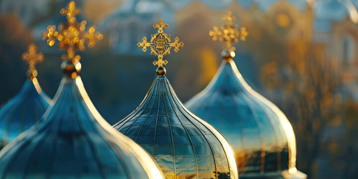 Big Domes with cross of Orthodox Church. Metal Dome of Orthodox Church top.