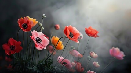 Beautiful red, orange, pink anemone flowers in the fog on a dark background - obrazy, fototapety, plakaty