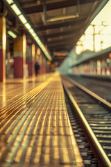 Fototapeta premium Deserted empty Train Platform Perspective. Outdoor Train station, platform and tracks, floor brace stoppers.