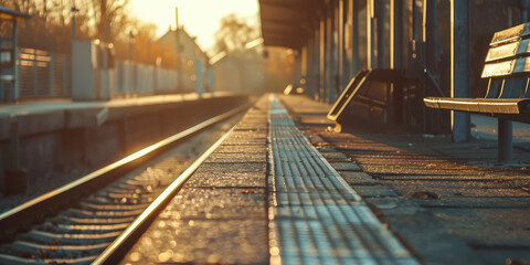 Deserted empty Train Platform Perspective with a bench. Outdoor Train station, platform and tracks, floor brace stoppers.