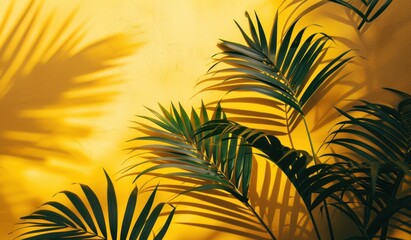 Fototapeta na wymiar palm leaf silhouette on a yellow background