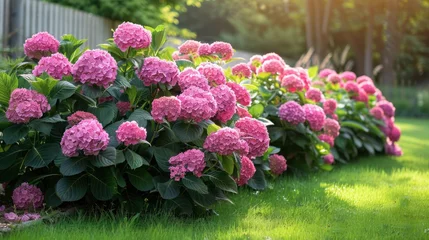 Fotobehang Beautiful bright background of a summer garden with a flowering pink hydrangea bush © olegganko