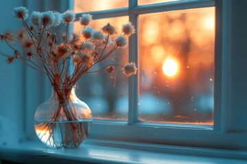 A vase filled with fluffy dried flowers sits on a window sill