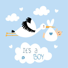 White stork carrying a cute baby. It's a boy, quote. Stork in sky with baby. Design template for greeting card. Vector illustration, flat style.