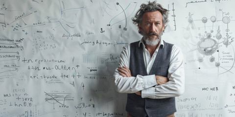 A confidant man stands arms crossed in front of a whiteboard filled with scientific equations and diagrams Reflects expertise and intelligence