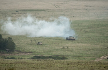 soldier commanding a British army Challenger 2 II FV4034 main battle tank in action on a military...