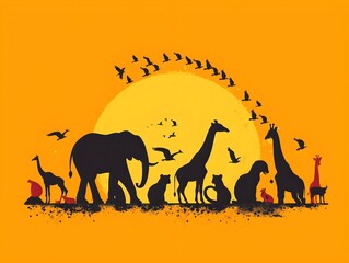 silhouette of Animals on a sunshine background for the concept of Endangered Species Day or Wildlife Day