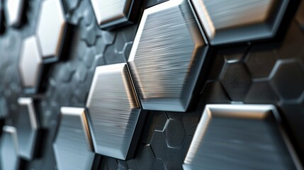 Hexagonal abstract metal background with shiny surfaces. Steel colored wallpaper.