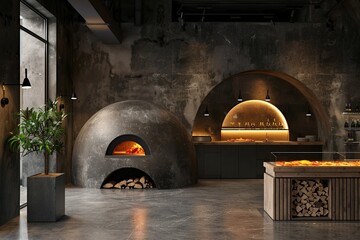 earth lime plaster rounded pizza oven embedded in wall with calibrations, photo of a modern restaurant